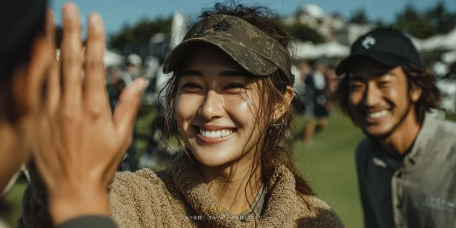 浜松市西区舘山寺町のゴルフ場で、ゴルフウェアを着た30代女性ゴルファーがバストアップで仲間とハイタッチし、周囲のゴルファーと和やかな雰囲気を共有している場面