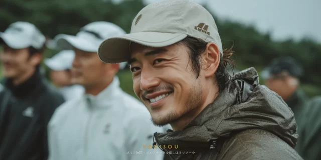 鳥取市国府町のゴルフ場で、雨天のラウンド中にゴルフウェアを着た40代男性ゴルファーがバストアップで振り返り、仲間と談笑しながら穏やかに笑っている様子