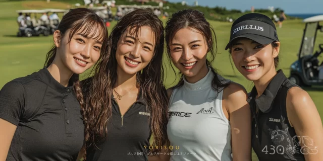 多摩市諏訪在住の30代女性ゴルファー4人が、ゴルフウェア姿で並び、初対面でも打ち解けた雰囲気でラウンドを楽しんでいる様子
