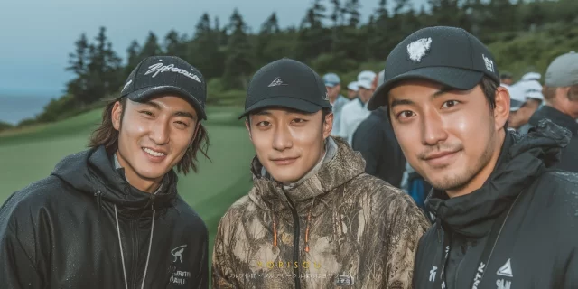 別府市亀川中央町周辺のゴルフ場で、同世代の男性ゴルファー3人がゴルフウェア姿で並び、雨上がりのコースを背景にリラックスした表情を見せているバストアップ写真