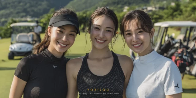小牧市小牧原エリアのゴルフ場にて、ラウンド後に並んで写る30代女性ゴルファー3人のバストアップ写真、ゴルフウェア姿で自然な笑顔が印象的な小牧市のゴルフ仲間