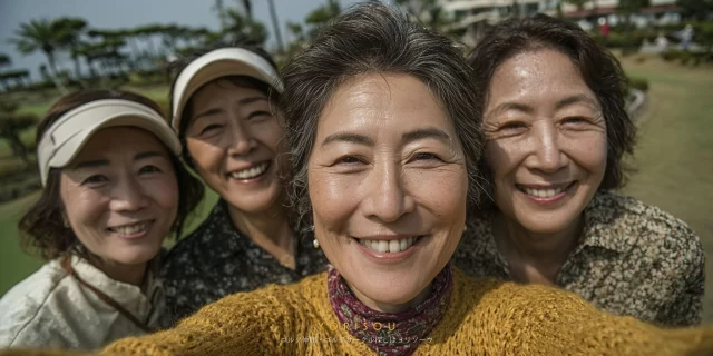 大阪市中央区森ノ宮のゴルフコースで、50代〜60代の女性ゴルファー4人が自撮りで笑顔を見せる様子
