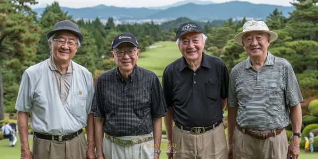 苫小牧市春日町エリアから通いやすいゴルフ場で、同年代のシニア男性ゴルファー4人が穏やかな表情で並ぶバストアップ写真