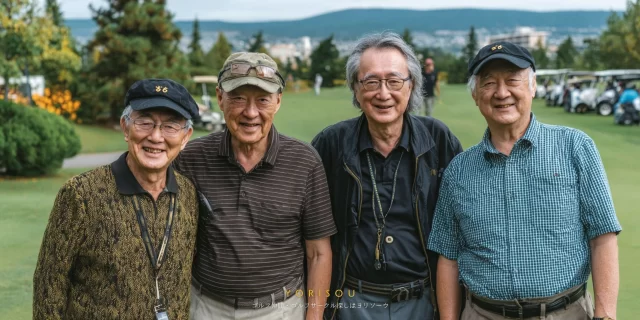 茨木市総持寺エリア在住のシニア世代ゴルファー4人が、平日ラウンド中に並んで記念撮影している落ち着いた雰囲気の様子