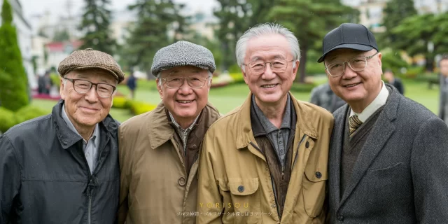 枚方市香里ケ丘在住の60〜70代男性ゴルファー4人が、平日ラウンド中に落ち着いた表情で並ぶバストアップの集合写真