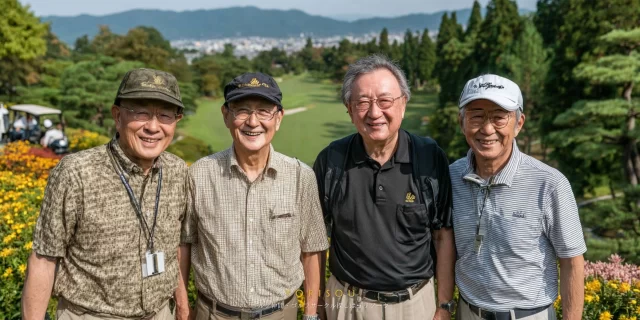 春日井市中央台エリアから参加したシニア世代の男性ゴルファー4人が、ゴルフウェア姿でバストアップ、落ち着いた雰囲気で笑顔を浮かべている様子