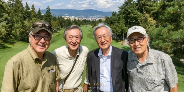 八戸市白銀町方面の丘陵コースで、同年代の仲間と並んで写る60〜70代男性ゴルファーが、ゴルフウェア姿で穏やかに微笑むバストアップ写真
