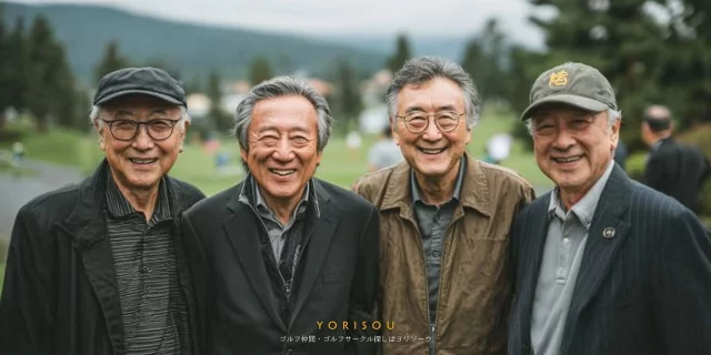 十和田市西三番町エリアから通うシニア世代のゴルファー仲間が、長年の付き合いを感じさせる穏やかな表情で並ぶ風景