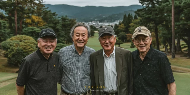北上市和賀町の自然に囲まれたゴルフ場で、同年代のシニア男性ゴルファー4人がバストアップで笑顔を見せている様子