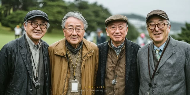 東広島市八本松町のゴルフ場で、同年代の男性ゴルファー4人がバストアップで並び、落ち着いた雰囲気で撮影された一枚