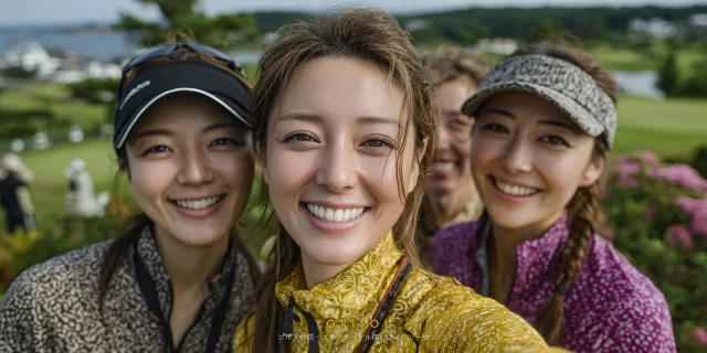 秋田市手形エリアからアクセスしやすいゴルフ場で、ラウンド中に30代女性ゴルファーが仲間と一緒に自然な笑顔を見せているバストアップ写真