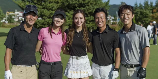 世田谷区成城三丁目方面からアクセスしやすいゴルフ場で、20代〜30代の男女ゴルファー5人がゴルフウェア姿で肩を並べ、ラウンド前後に笑顔で集合写真を撮っている様子