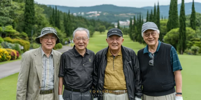 金沢市泉野町周辺のゴルフコースで、60代〜70代の男性ゴルファー4人がゴルフウェア姿でバストアップ撮影に応じている様子