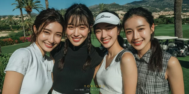 大田区蒲田五丁目周辺の生活圏から集まった、20代〜30代の女性ゴルファー中心のグループが、ゴルフラウンド中に和気あいあいと笑顔を見せている様子