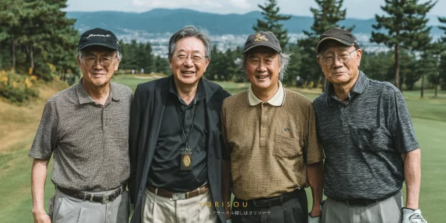 山口市吉敷エリアのゴルフコースで、同年代のシニア男性ゴルファーが肩を並べて穏やかに笑顔を見せるバストアップ写真