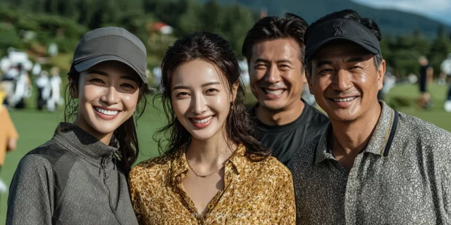 多摩市永山エリアから参加した30代女性ゴルファーが、ラウンド後に仲間と笑顔で並んでいる様子