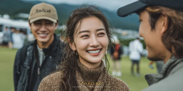 福岡市糸島方面に近いゴルフ場で、ラウンド中に会話を楽しむ30代女性ゴルファーがゴルフウェア姿でバストアップ撮影されている様子