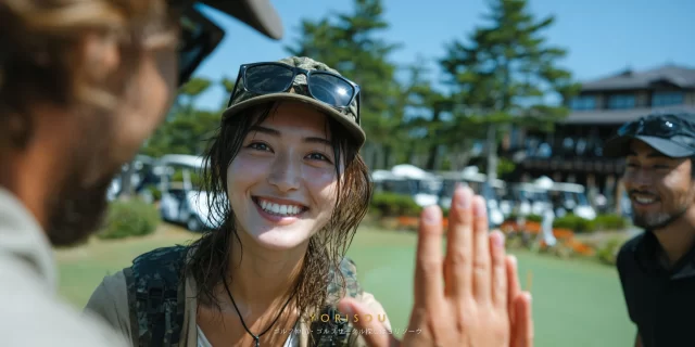 佐賀市兵庫町のゴルフ場クラブハウス前で、ラウンド中に仲間とハイタッチを交わす30代女性ゴルファーがゴルフウェア姿でバストアップ撮影されている様子