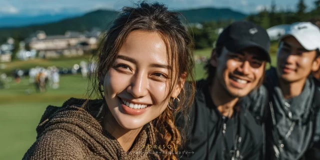 北広島市輪厚エリアのゴルフ場で、ラウンド中に笑顔を見せる30代女性ゴルファーの自然なバストアップ写真