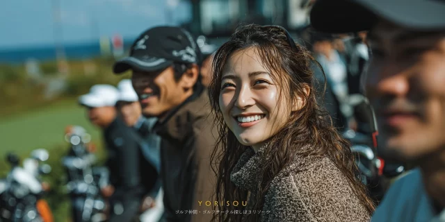 旭川市永山町のゴルフ場クラブハウス前で、仲の良いゴルフ仲間がカートに乗りながら談笑している様子のバストアップ写真