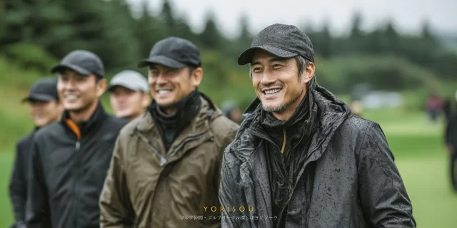 福岡市博多区千代エリア在住の男性ゴルファーが雨天ラウンド中に談笑する様子、天候に左右されず楽しむ博多区ゴルファーの距離感