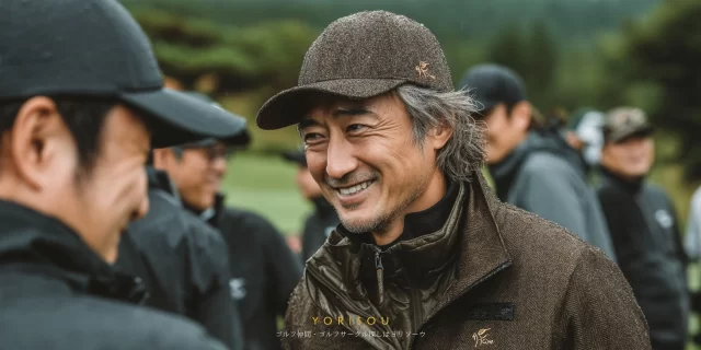 一宮市萩原町エリアのゴルフ場で、ゴルフウェア姿の50代男性ゴルファーがバストアップで仲間と会話しながら穏やかに笑っている様子