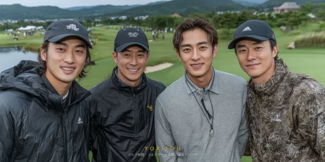 尾張旭市印場町方面のコースで撮影された男性ゴルファー4人、プレー後に自然な距離感で並ぶ様子