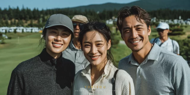 八戸市湊町近郊のゴルフ場で、スタート前に会話を楽しむ30〜40代男性ゴルファーが、ゴルフウェア姿でリラックスした表情を見せる様子