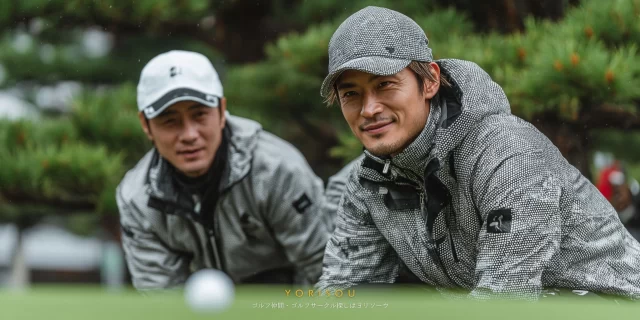 岩手県雫石町西安庭のゴルフ場で、雨上がりのグリーン上を覗き込みながらラインを確認する男性ゴルファー2人の落ち着いた様子