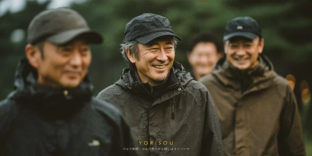 滝沢市牧野林エリアのゴルフ場で、小雨の中でもプレーを楽しむ男性ゴルファーがゴルフウェア姿でバストアップに写り、穏やかに笑っている様子
