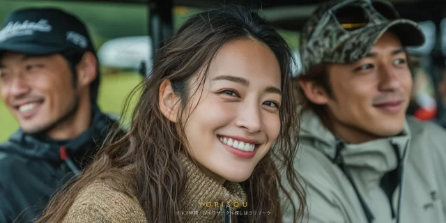 岩沼市下野郷のゴルフ場で、プレー中にハイタッチを交わす30代女性ゴルファーを中心とした仲間の自然な交流シーンのバストアップ