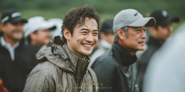 三条市井栗エリア近郊のゴルフ場で、30〜40代の男性ゴルファーがバストアップで写り、ラウンド前の和やかな雰囲気を感じさせる様子