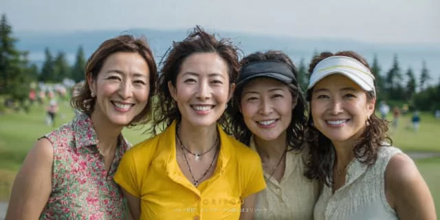 廿日市市大野地区近郊のゴルフ場で、50代前後の女性ゴルファー4人が明るい表情で並ぶバストアップ写真