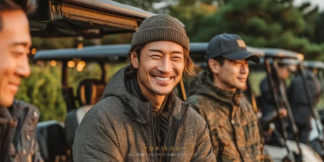 東広島市西条町のクラブハウス付近で、ラウンド後にリラックスした表情を見せる30代男性ゴルファーのバストアップ