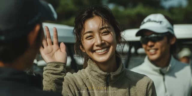 海南市日方周辺のゴルフ場で、30代男性ゴルファーがゴルフウェア姿で笑顔を見せ、後方に同伴者が写り込む自然なバストアップ写真