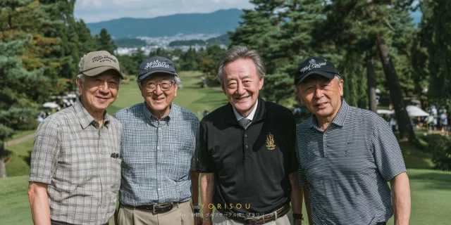 世田谷区深沢六丁目周辺の生活圏から通いやすいゴルフ場で、60代前後の男性ゴルファー4人がゴルフウェア姿で並び、穏やかな雰囲気でラウンドを楽しんでいる様子