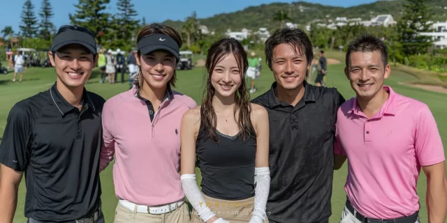 大津市の緑豊かなゴルフ場で、男女混合のゴルファーグループがゴルフウェア姿で並び、和やかな雰囲気が伝わるバストアップ写真