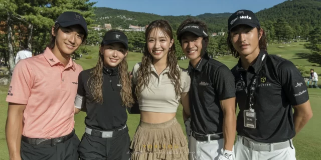 大田区西蒲田七丁目方面から通いやすいゴルフ場で、30代〜40代の男性ゴルファーがゴルフウェア姿で肩を並べ、ラウンド中の一体感を感じさせる集合写真