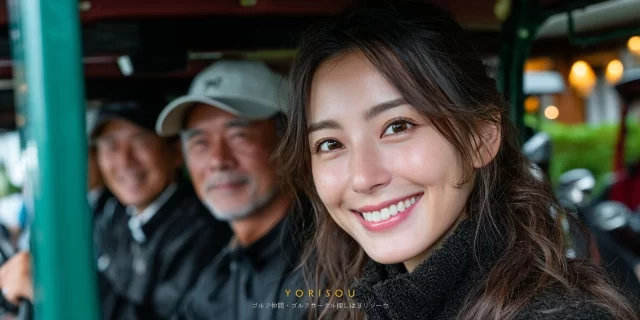 奈良市西大寺周辺のゴルフ場クラブハウス前で、ゴルフウェアを着た30代女性ゴルファーが、同伴者と談笑しながらバストアップで写っている様子