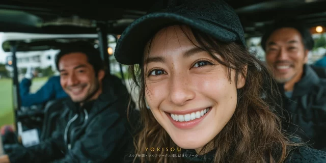 和歌山市園部のゴルフ場で、カートに乗る30代女性ゴルファーがゴルフウェア姿で自然な笑顔を見せるバストアップ写真、後ろに同伴者が写っている様子