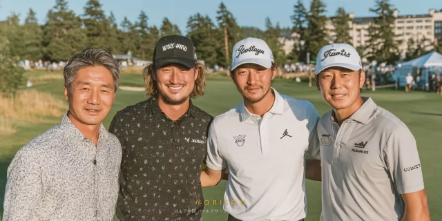 松江市のゴルフ場で、カート横に座るゴルフウェア姿の30代女性ゴルファーを中心に仲間が写るバストアップ写真