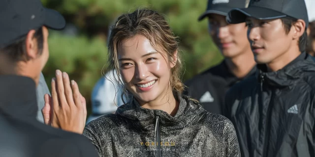 岡山市南区のゴルフ場で、ゴルフウェア姿の30代女性が仲間と会話しながらハイタッチする直前のバストアップシーン