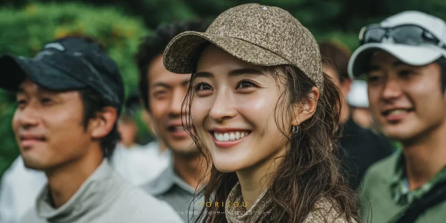 松山市南梅本町周辺のゴルフ場で、エンジョイ派の30代女性ゴルファーが、仲間に囲まれながらゴルフウェア姿で自然に微笑むバストアップの様子