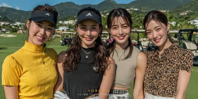 高知市介良地区のゴルフコースで、ラウンド前に並んで写真を撮る20代〜30代の女性ゴルファー4人の様子