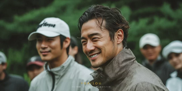 福岡市南区柏原周辺のゴルフ場で、雨上がりのラウンド中に微笑む40代男性ゴルファーがゴルフウェア姿でバストアップ写っている様子