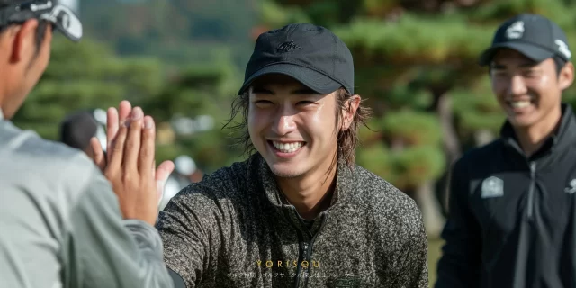 稲城市押立周辺でゴルフを続けている仲間同士が、和やかな雰囲気でプレーを振り返っているシーン