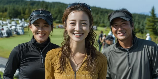 宮崎市青島近郊のゴルフ場で、カートに乗りながら談笑する40代男性ゴルファーのバストアップ写真、ラウンド前後の和やかな雰囲気