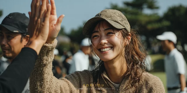 鹿児島市谷山中央のゴルフ場で、ラウンド中にハイタッチする30代女性ゴルファーのバストアップ写真