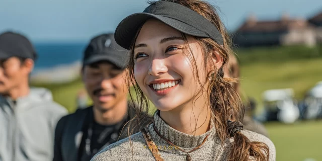 恵庭市柏陽町エリアのゴルフ場で、ゴルフウェア姿の男女グループが歩きながら談笑しているバストアップ写真