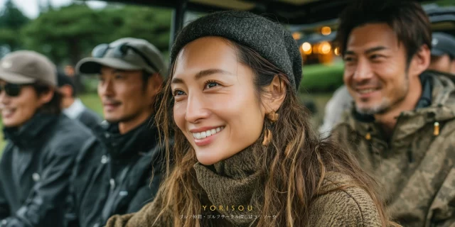 千歳市泉沢エリアのゴルフ場で、30代女性ゴルファーがバストアップで写り、周囲の仲間と会話を楽しみながら微笑んでいる様子